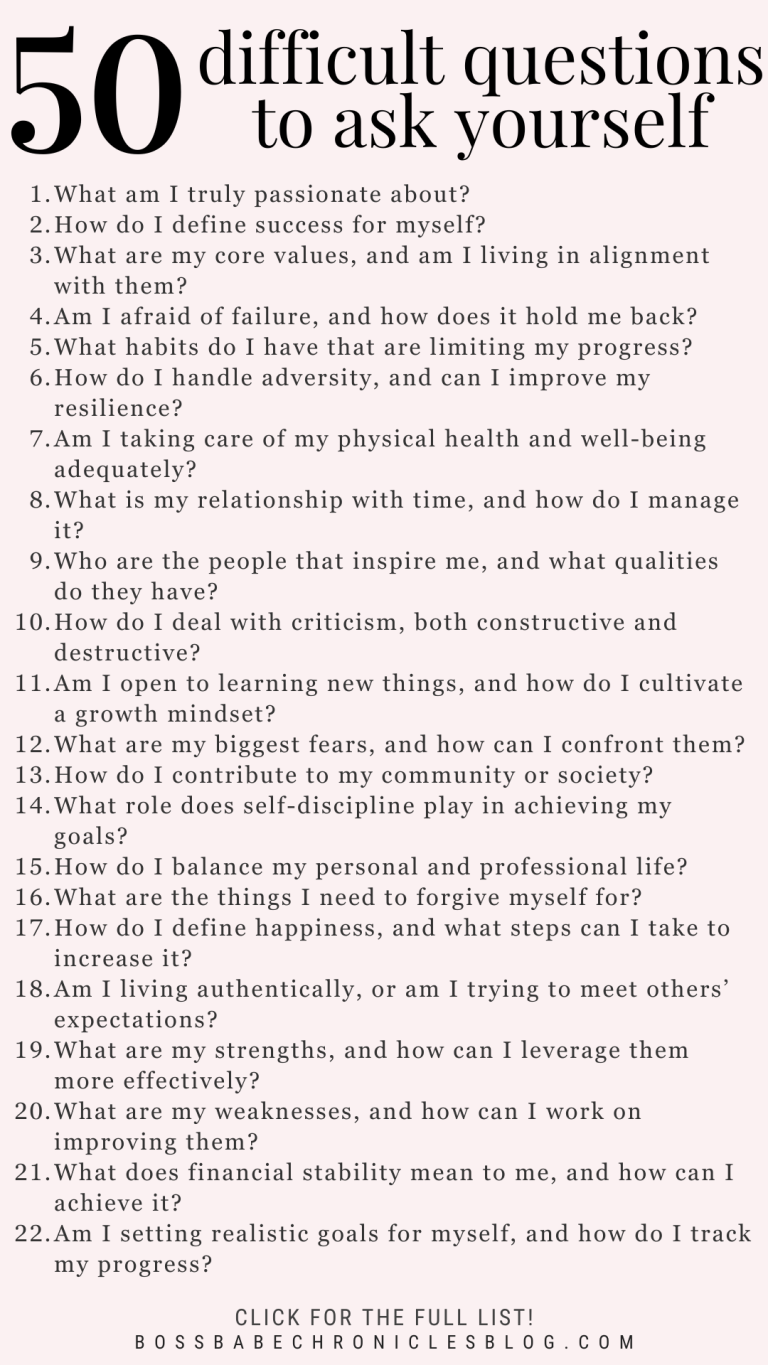 Personal Questions Examples 50 Questions to Ask Yourself on a Personal Growth Journey - Boss Babe ...