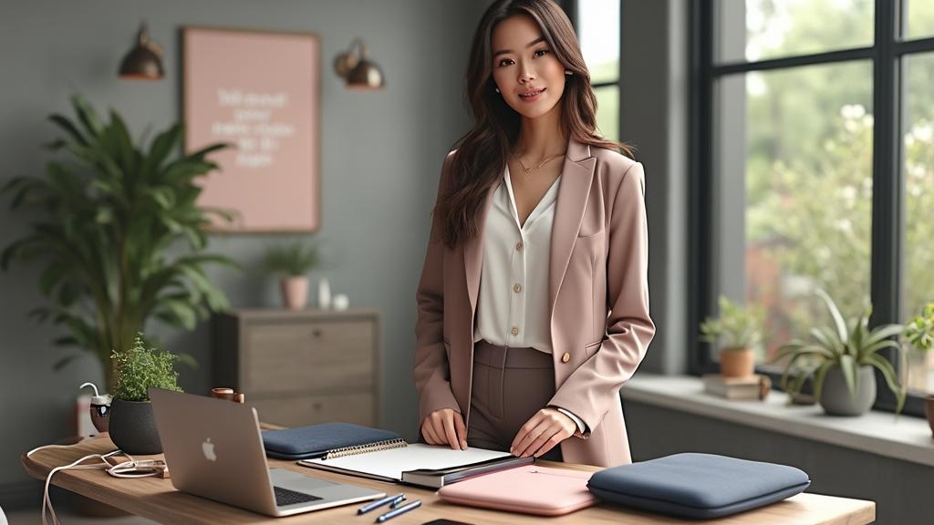 Confident woman organizing workspace