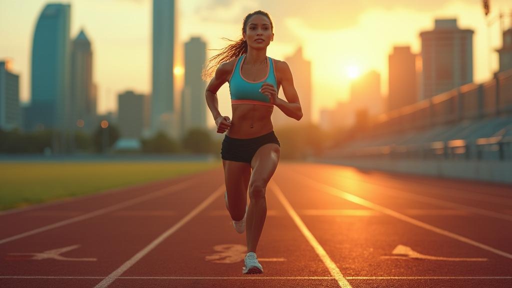 Athletic woman running cityscape